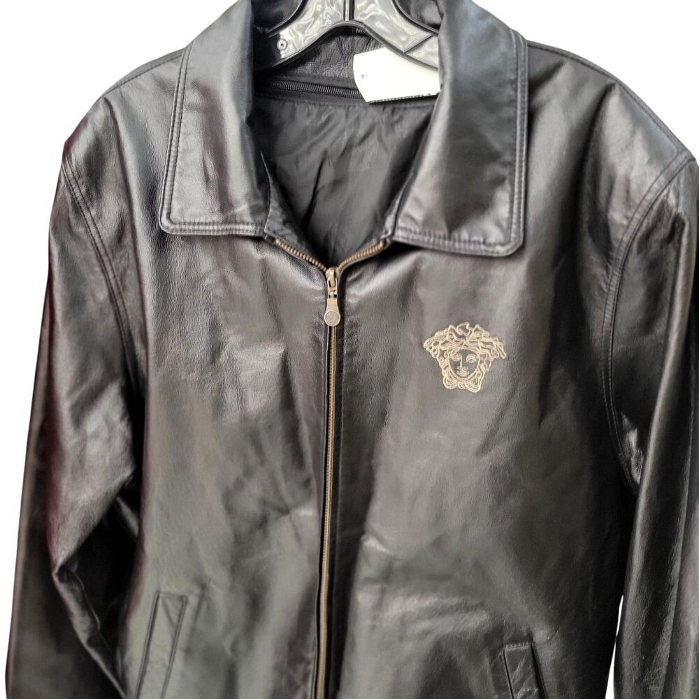 Men's Black Leather Jacket Outwear Stylish Embroidery Front & Back -M - Picture 4 of 10